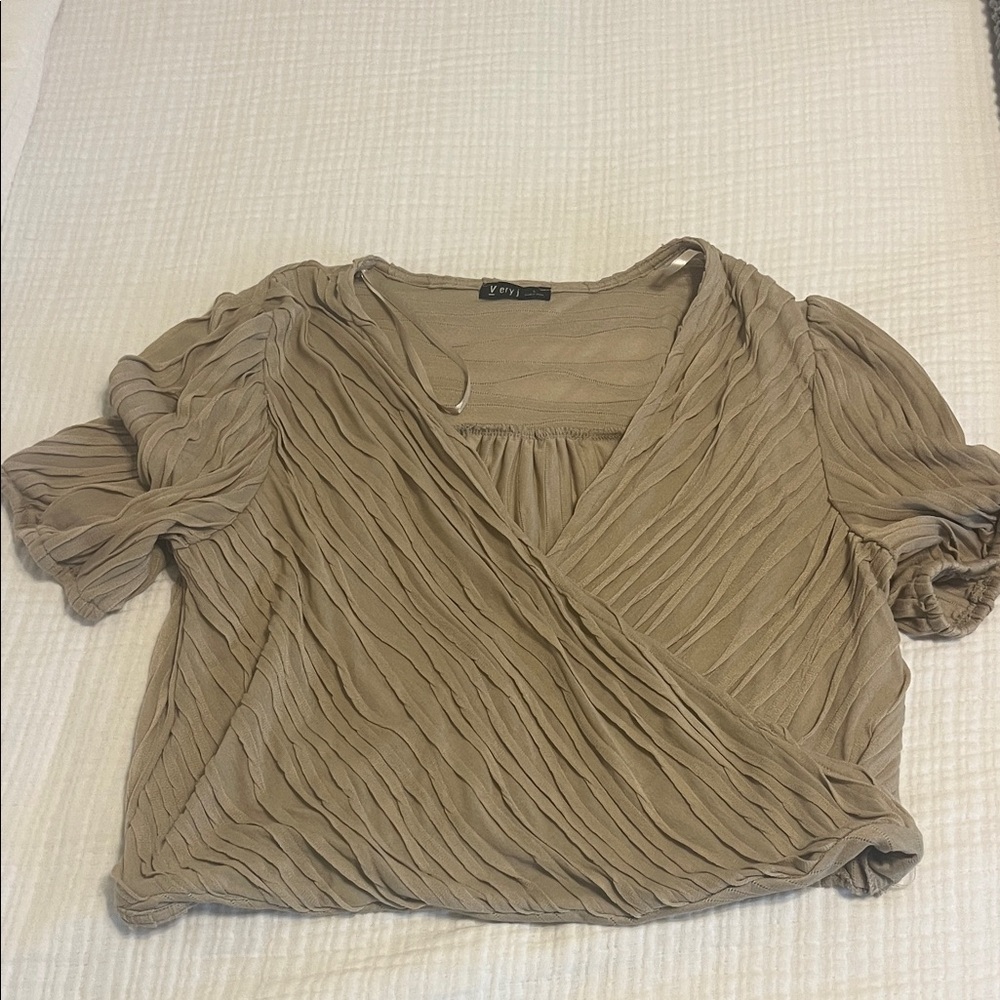 Very J Beige Pleated Wrap Blouse